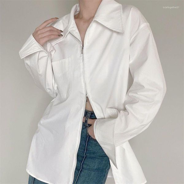 Blusas femininas houzhou oversized branco zíper camisas femininas elegante estética coreano moda primavera azul legal blusa feminina streetwear