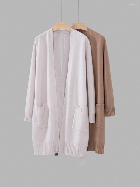 Malhas femininas cashmere feminino cor sólida rendas de comprimento médio cardigan jaqueta 2023 outono inverno senhoras com decote em v casaco de malha de manga comprida