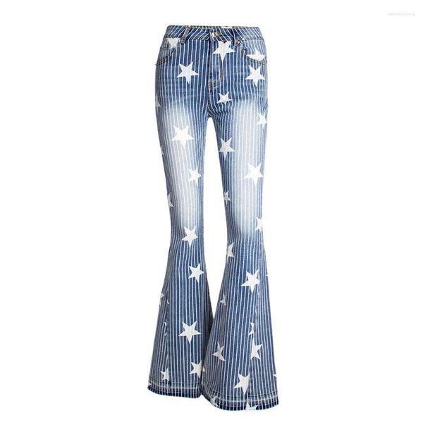 Женские джинсы S-4XL, полосатые брюки со звездами и принтом, расклешенные брюки для девочек, узкие брюки для мам с высокой талией