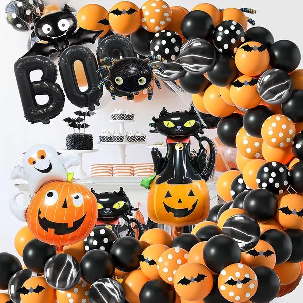 Weiteres Partyzubehör für Veranstaltungen, Schwarz-Orange-Ballon, Halloween-Bogen, Girlanden-Set, Spinne, Fledermaus, Kürbis, Folienpapier, Dekoration 231009