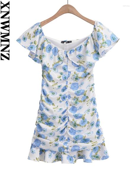 Abiti da festa XNWMNZ Moda donna 2023 Mini abito con stampa floreale da donna Stile vacanza con volant raccolti Slim Fit Femminile Chic