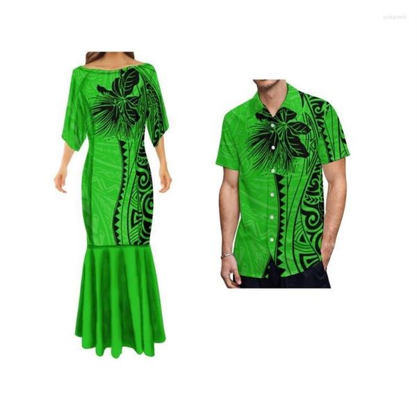 Vestidos casuais fora do ombro sereia saia polinésia tribal impressão mulheres 7xl casais combinar roupas homens camisas uniformecasual293y