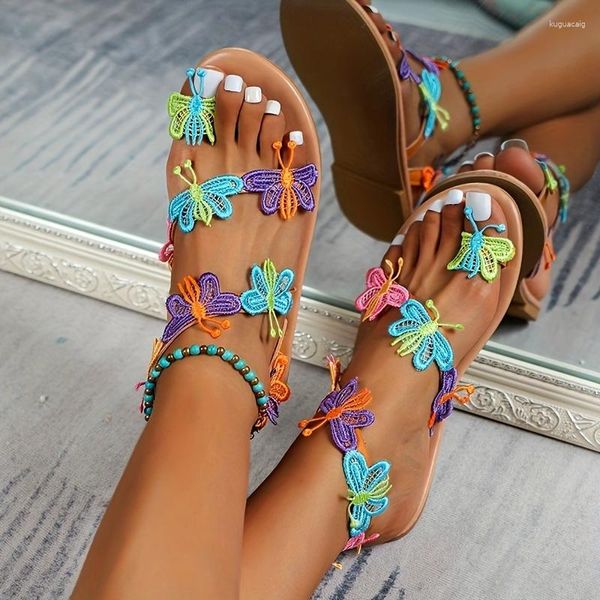 Sandálias femininas boho colorido borboleta plana moda aberta dedo do pé antiderrapante sapatos casuais verão