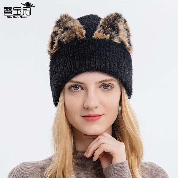 9865 neue wolle Koreanische leopard katze ohr weibliche elastische gestrickte kalten hut Ski Hut warm