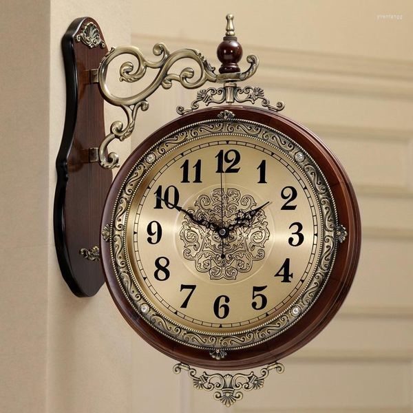 Relógios de parede Arte Europeia Relógio Silencioso Retro Grande Metal Madeira Dupla Face Zegary Scienne Sala de estar Decoração de Casa Presente