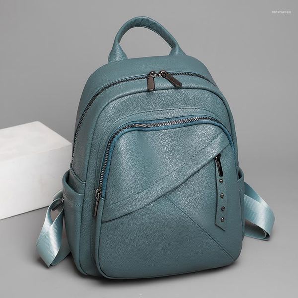 Sacos escolares mochila feminina moda e saco elegante macio couro sólido zíper confortável para senhoras designer viagem