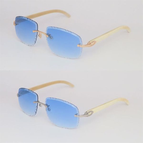 Luxus-Sonnenbrille aus Metall, randlos, geschnitzte Linse, für Damen, Unisex, quadratisch, T8200762, Weiß, echtes Büffelhorn, Sonnenbrille für Herren und Damen296u