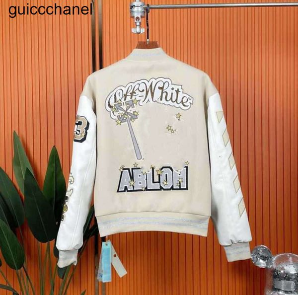 Neue 23SS Winter Off Brand White Jacke 2023 Mode neue handbestickte Wolle Bomber Mantel Herren Damen Baseball Mäntel