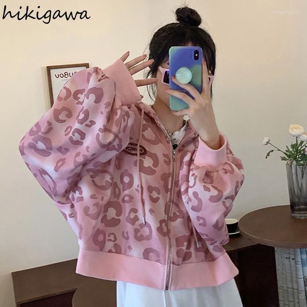 Hoodies femininos hikigawa doce rosa leopardo impressão feminina 2023 ropa de mujer moda zip-up casaco solto casual curto camisolas topos femme