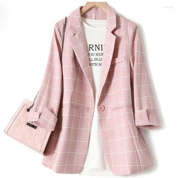 Ternos femininos moda blazers jaqueta senhoras xadrez trabalho escritório primavera e outono casual manga de três quartos 2023