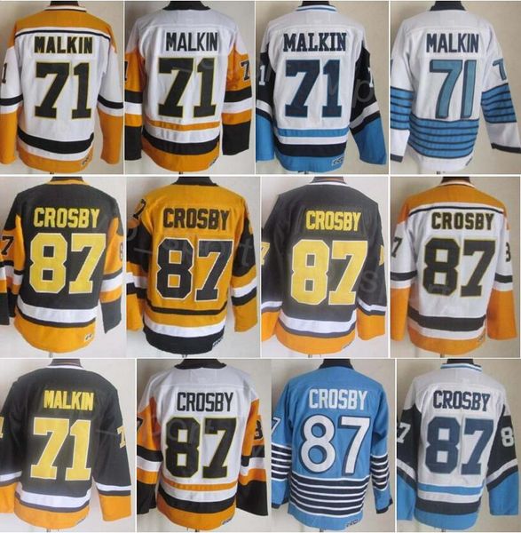 CCM Hockey 87 Sidney Crosby Retro-Trikot Retire 71 Evgeni Malkin Vintage klassische Stickerei Teamfarbe Schwarz Weiß Blau Gelb Für Sportfans Atmungsaktiver Pullover