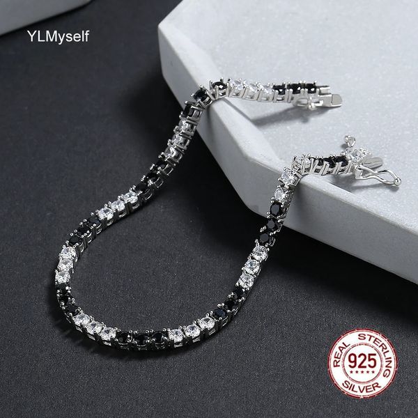 Bracelet solide réel 925 argent Tennis Bracelet 3MM noir mélange blanc cubique Zircon 15 21 CM chaîne bijoux fins pour homme femmes 231009