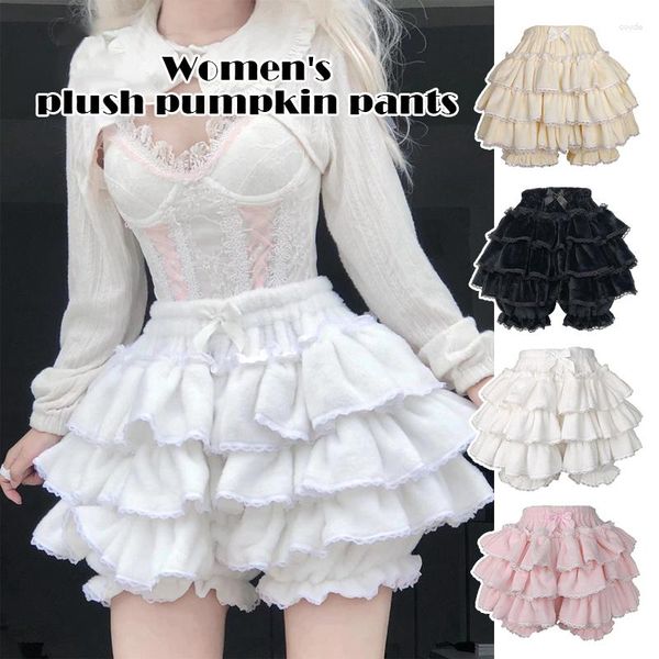 Pantaloncini da donna Harajuku Y2k Dolce Rosa Velluto Bianco Pantaloni Zucca Lolita Bloomers JK Peluche Giapponese Kawaii Ruffles Lanterna