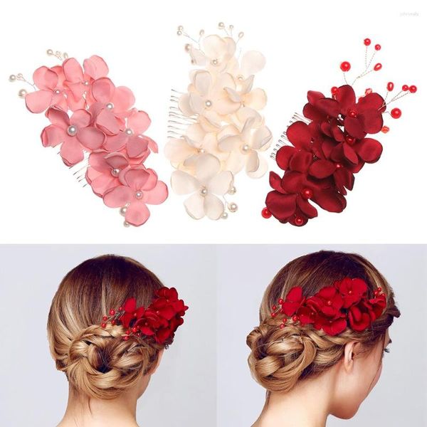 Fermagli per capelli Moda Matrimonio romantico Spilla fiore rosso rosa Sposa damigella d'onore Clip di cristallo Pettine a forcina Accessori eleganti