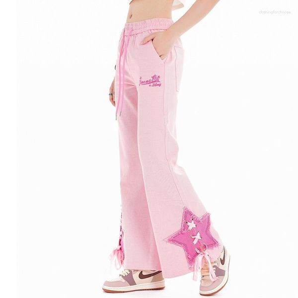 Pantaloni da donna HOUZHOU Y2K Bootcut Donna Rosa Star Pantaloni a zampa di elefante Donna Harajuku Oversize Casual Campana Pantaloni streetwear giapponese