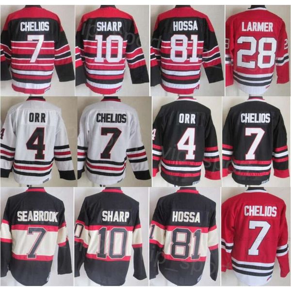 CCM Hokey Retro 10 Patrick Sharp Forma Emekli 81 Marian Hossa 28 Steve Larmer 4 Bobby Orr 7 Chris Chelios 9 Bobby Hull Vintage Klasik Siyah Kırmızı Beyaz Nakış