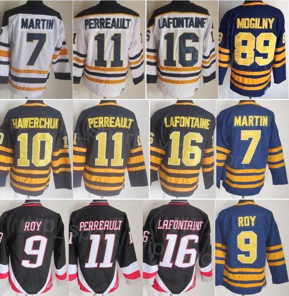 CCM Hockey Retro 7 Rick Martin Jersey Retire 9 Derek Roy 10 Hawerchuk 11 Gilbert Perreault 89 Mogilny 16 Pat LaFontaine 39 Dominic Hasek Top vintage classico cucito