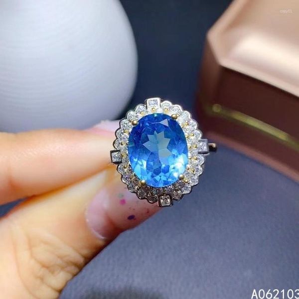 Кольца кластера KJJEAXCMY Ювелирные изделия из стерлингового серебра 925 пробы с инкрустацией из натурального синего топаза Женское благородное атмосферное двухцветное кольцо с овальным драгоценным камнем