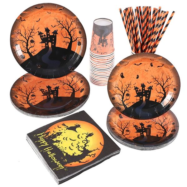 Outros suprimentos de festa de evento Halloween Conjunto de utensílios de mesa descartáveis Pratos de papel Copos Guardanapos Toalha de mesa Castelo Decoração de abóbora 231009