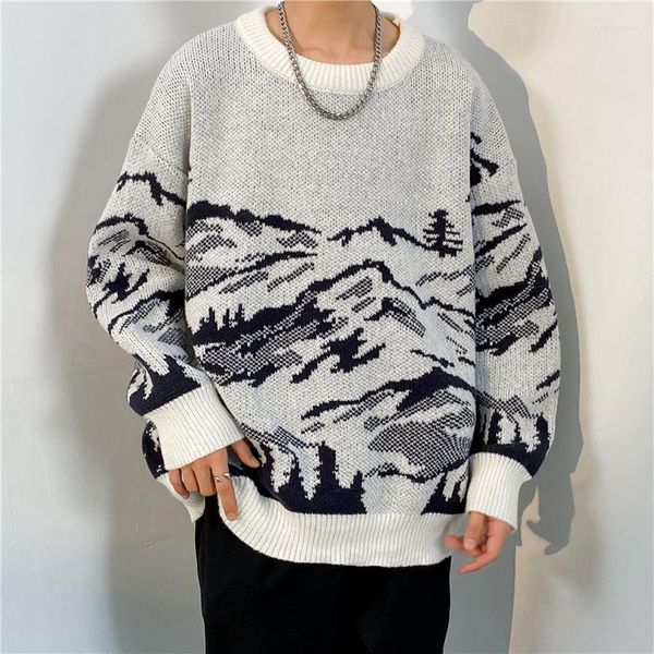 Erkek Sweaters Japon Harajuku Örme Süveter Erkek Kadın Dağ Baskı Kazanç Vintage Nedensel Gevşek Sokak Giyim Sonbahar B118