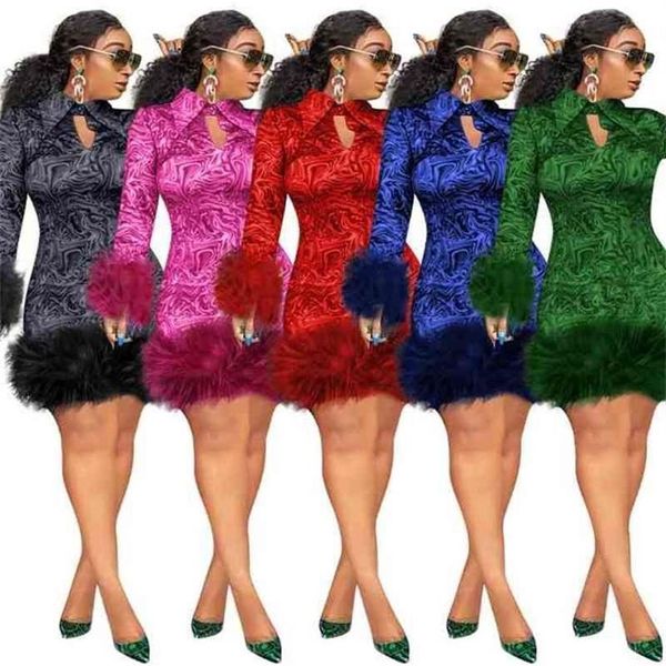 Vestidos de inverno de penas mulheres vintage impressão bodycon africano senhoras manga longa vestido de festa mini sexy clube preto plus size 2xl 3xl 2223u