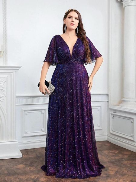 Plus size vestidos de lantejoulas vestido de noite para casamento dama de honra feminino roxo mergulhando pescoço manga borboleta glitter festa senhora