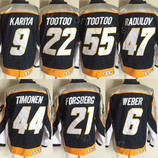 CCM Hóquei Retro 55 Jordin Tootoo Jerseys Retire 6 Shea Weber 9 Paul Kariya 21 Filip Forsberg 22 Jordin Tootoo 44 Kimmo Timonen 47 Radulov Vintage Costura Clássica