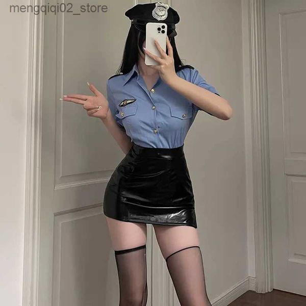 Tema Kostüm Mavi Seksi Kadın Polis Üniform Yetişkin Kulüp Giyim Cadılar Bayramı Karnaval Oyunu Partisi Cosplay Complay T-Shirt+Mini Etek iç çamaşırı seti Q240307