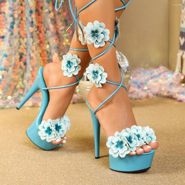 Сандалии пикантные модели для прогулок, туфли на шпильке в римском стиле с ремешком на щиколотке, на платформе, на высоком каблуке с цветами, 15 см, женская обувь для вечеринок, ночного клуба