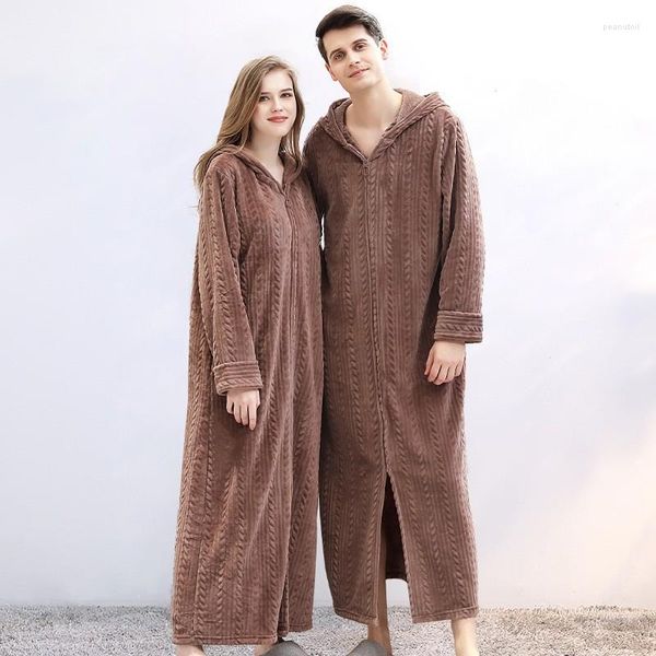 Pijamas femininos outono inverno camisola com zíper roupão de banho masculino com capuz casais pijamas flanela longa camisola feminina