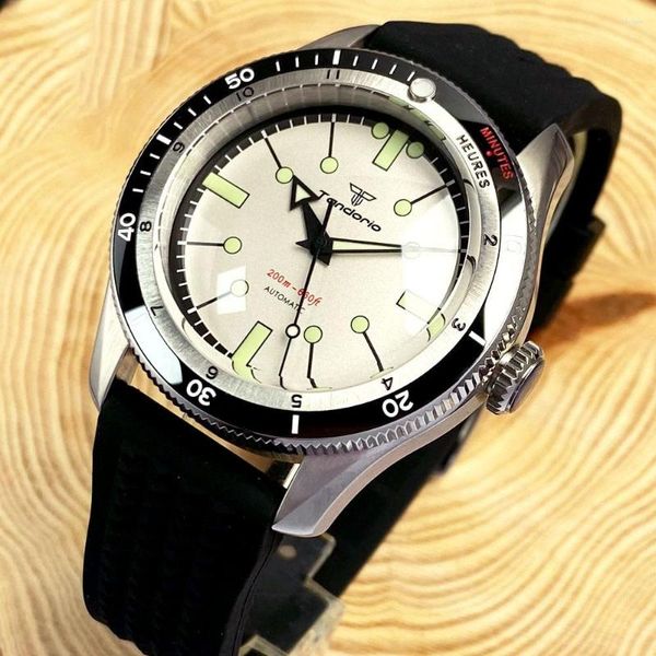 Armbanduhren 40mm Tandorio Automatische Taucheruhr für Männer Doppelbogen Saphirglas NH35 PT5000 200m wasserdichtes Kautschukarmband Lume Weiß