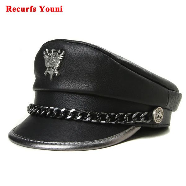 Partyhüte Neuheit Winter Herren Echtes Leder Hut Männlich Flat Top Abzeichen Lokomotive Retro Militärkappen Studenten Punk Cortical Chain Gorra 231007