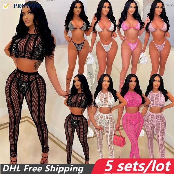 Damen-Bademode PROWOW 5 SETS Großhandel Badeanzüge Sexy hochwertige Diamant-Bikini-Anzug Frauen 4-teiliges Set Durchsichtiger Mesh-Badeanzug