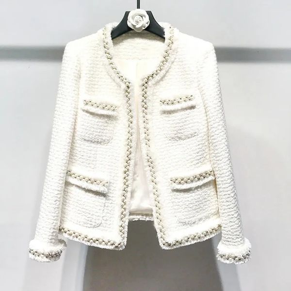 Jaquetas femininas Branco tweed mulheres jaqueta feita à mão contas primavera outono inverno casaco de lã lã clássico senhoras 231009