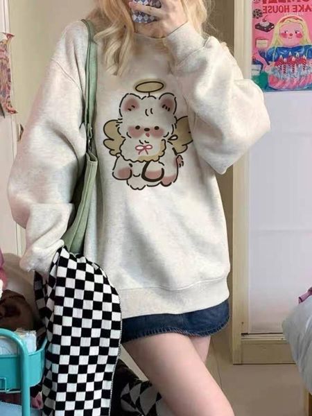 Kadın Hoodies Deeptown Kawaii Sevimli Tatlı Karikatür Gri Sweatshirts Kadın Y2K Egirl Beyaz Uzun Kollu Kazak Kore Tikalı Büyük Boy