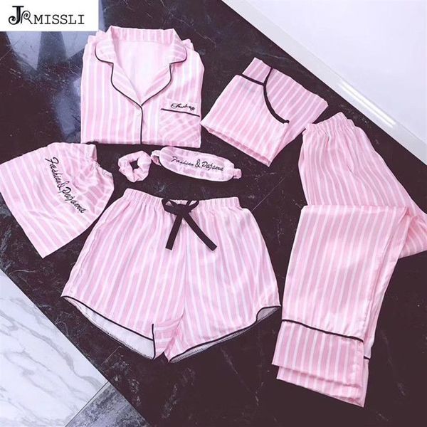 Jrmissli pijamas femininos 7 peças rosa conjuntos de pijamas de seda cetim lingerie sexy casa wear pijamas conjunto pijama mulher t200110279s