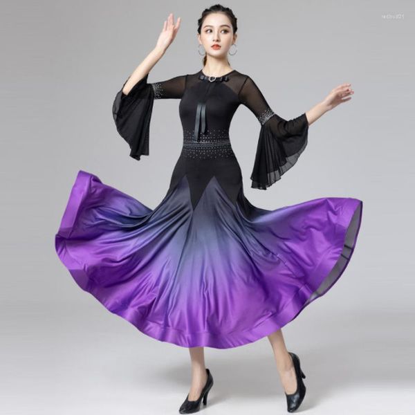 Bühnenkleidung Erwachsene Farbverlauf Ballsaal Tanzwettbewerb Kleid Flare Sleeve Strass Prom Walzer Kleider Tango Performance Kostüm DL9898