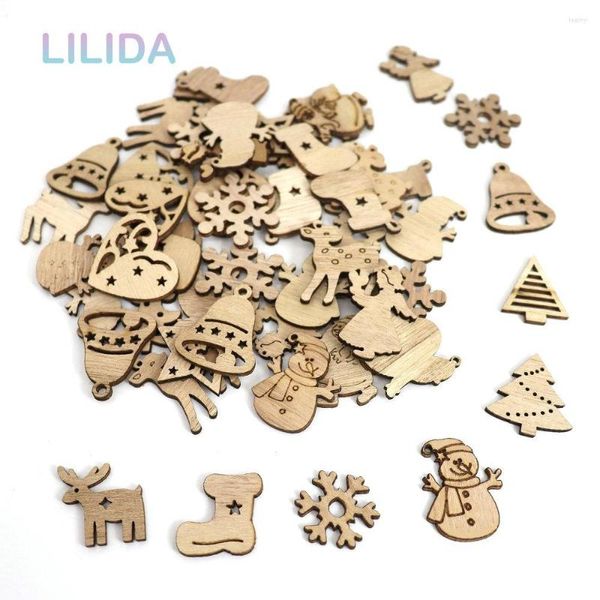 Decorazioni natalizie 50/100PCS FAI DA TE Chip di legno naturale Albero di Babbo Natale Ornamenti appesi Ciondolo Pupazzo di neve Decorazione natalizia Cartone animato in legno