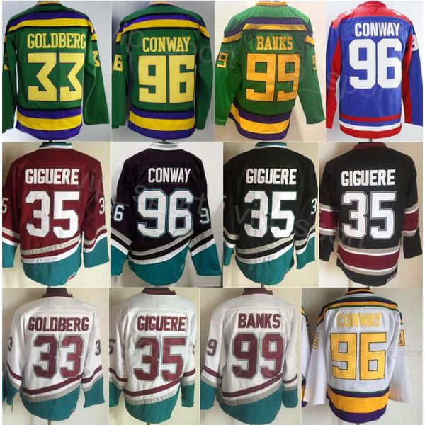 CCM Hóquei Retro 96 Charlie Conway Jerseys Retire 99 Adam Banks 35 Giguere 33 Greg Goldberg Vintage Classic 1993 Retire CCM Movie Bordado para fãs de esporte Alto / Top