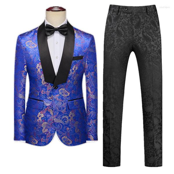 Herrenanzüge Mode Herren Luxuriöser Jacquard-Anzug Blau / Gelb Rot Business Social Hochzeit Abschlussball Party Smoking Kleid Blazer Jacke Hose