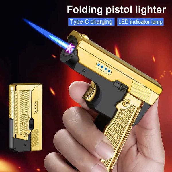 Isqueiros Exclusivo Pistola Dobrável Isqueiro Elétrico Cool Gadget Type-C USB Recarregável Igniter Butano Torch Jet Isqueiro (Navio dos EUA B36H