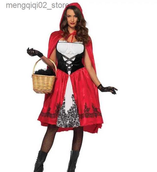 Tema traje cosplay halloween adulto feminino chapeuzinho vermelho com capuz vem palco mostrar vem vestido + xale q231010
