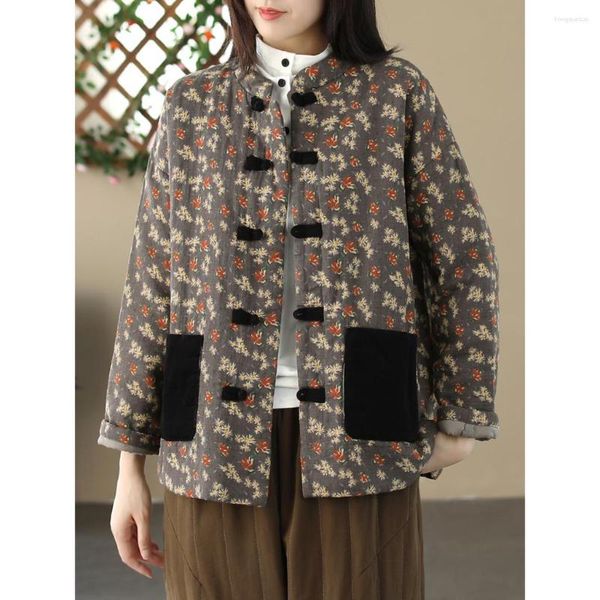 Mulheres Trench Coats Inverno Mulheres Parkas 2023 Impressão Floral Retro Cardigan Algodão Acolchoado Casaco Quente Bolsos Feminino Grosso Outerwear