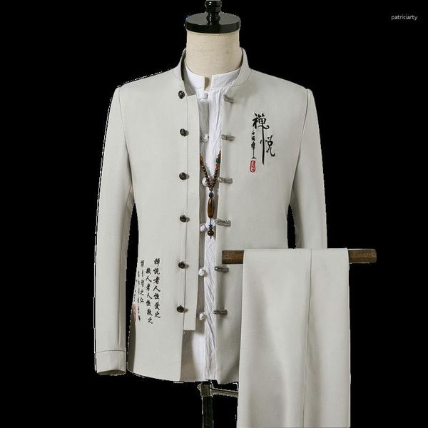Мужские костюмы 4XL Однобортный китайский тип Туника с длинным рукавом Куртка Брюки Свадебный костюм для мужчин 2024 Уличная одежда 2 шт. Офисная одежда XXXXL