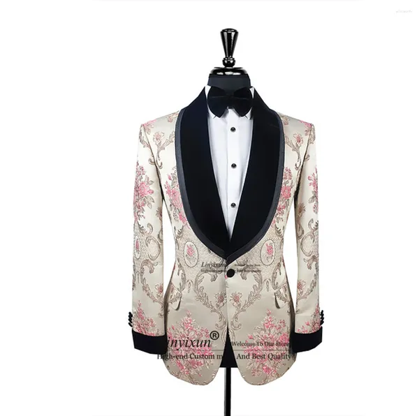 Ternos masculinos moda ouro bordado floral masculino xale lapela noivo casamento smoking 2 peças define masculino baile de formatura blazer fino ajuste traje homme