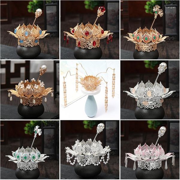 Saç klipleri peorchid Çin Hanfu Headdress gelin lotus taç ve tiara kadın saç tokası mücevher başlıkları düğün aksesuarları