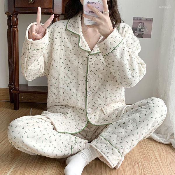 Женская одежда для сна, осенне-зимние брюки с длинными рукавами в японском стиле, воздушные хлопковые теплые толстые женские пижамы, домашние услуги