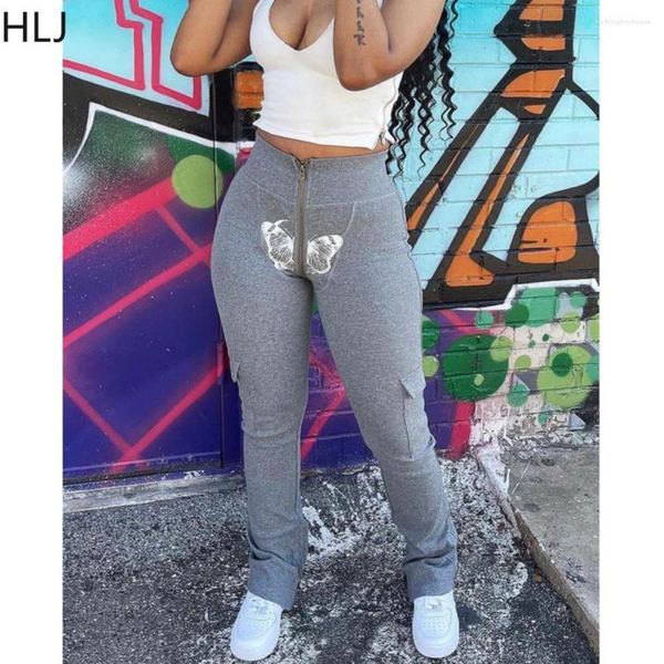 Calças femininas hlj y2k streetwear cinza moletom com zíper bolsos de cintura alta magro leggings jogging pant feminino calças casuais