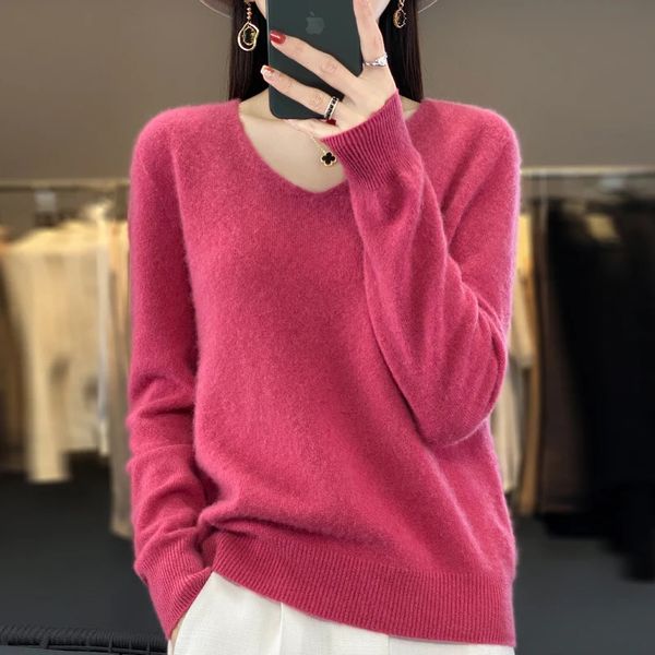 Kadın Sweaters Kaşmir Kazak Sonbahar ve Kış% 100 Merino Yün Örme Vneck Külot Düz Renk Moda Gevşek Top 231009