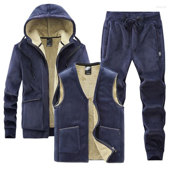 Tute da uomo M-6XL Felpe con cappuccio Gilet Pantaloni Set da tre pezzi Uomo Inverno Plus Velluto spesso Tuta Casual Set di lana di agnello Caldo